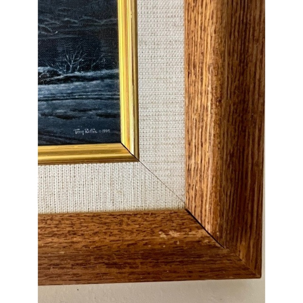 Terry Redlin A Helping Hand Framed Linen Plaque Oak Frame Winter Scene 14x9 - Picture 4 of 8